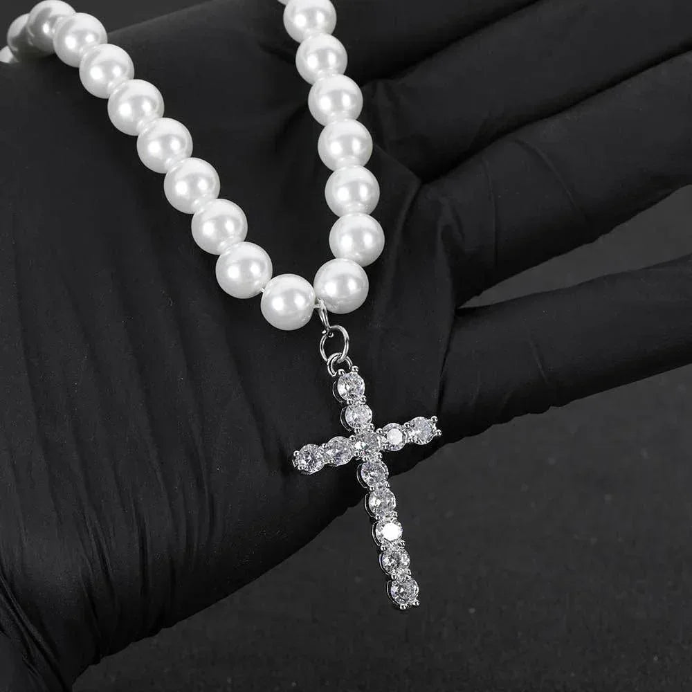 Simple Cross Pendant Pearl Necklace for Men and Women | Trendy Hip Hop Jewelry | Caratix Jewelry - CaratixJewelry
